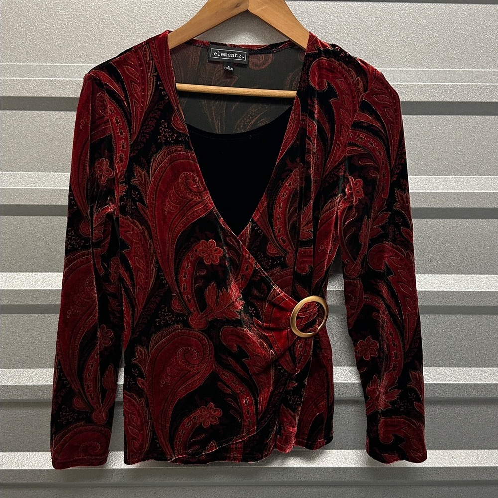 Elementz Women’s Vtg Retro Crushed Velvet Blouse Paisley Small Y2K Whimsigoth‎